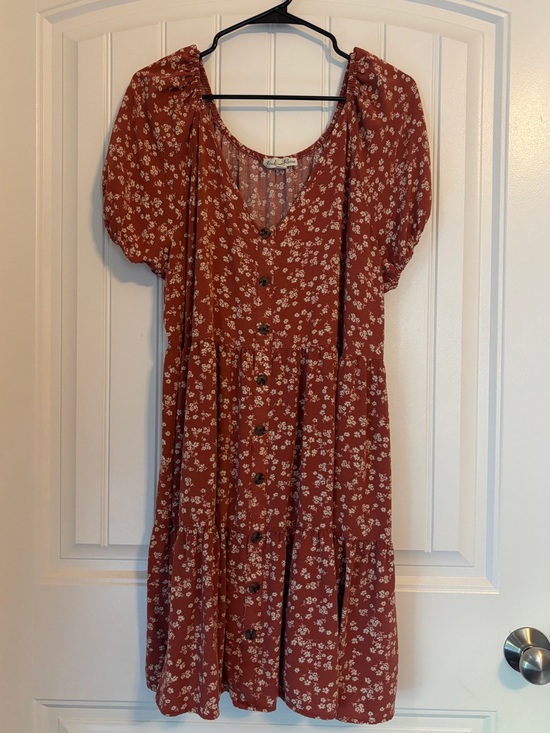 indigo Rose Dresses & Skirts - Rust Floral Faux Button-Front Tiered Mini Dress